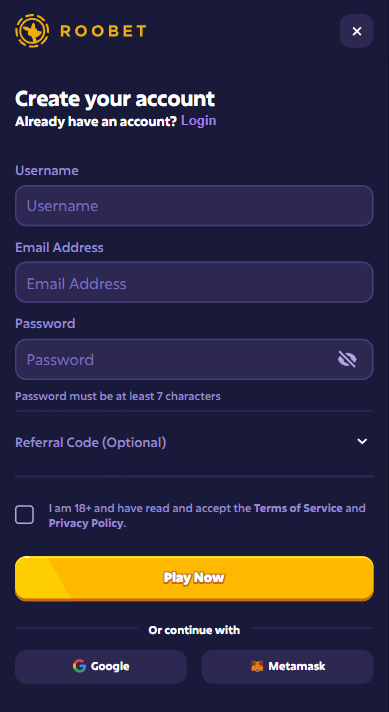 Step 2 - Roobet Signup Form